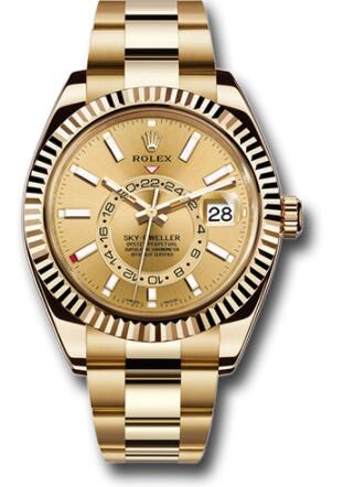 Replica Rolex Yellow Gold Sky-Dweller Watch 326938 Champagne Index Dial - Oyster Bracelet